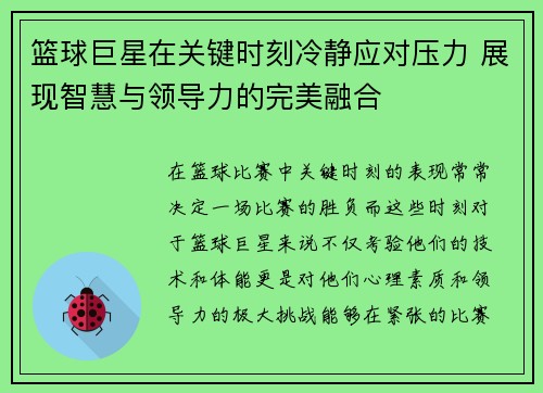 篮球巨星在关键时刻冷静应对压力 展现智慧与领导力的完美融合